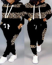 Two Piece Sets Women Pant Set Leopard Print Hoodies Sweatshirts Full Sleeve Tops Long Pants Lace Up Elastic Waist Autumn Good Vibrations