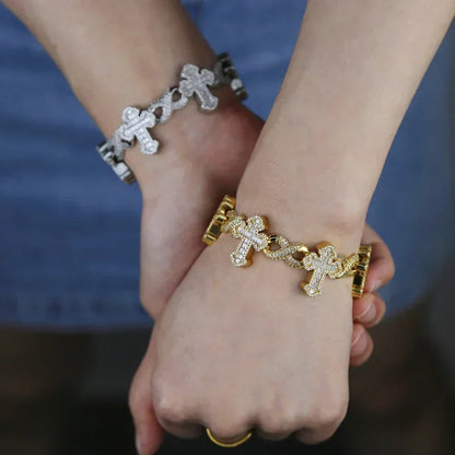 2025 New Men Boy Hip Hop Jewelry Iced Out Bling 5A CZ Multi Cross Charm X Shape Cuban Chain Charm Bracelet Gifts Good Vibrations