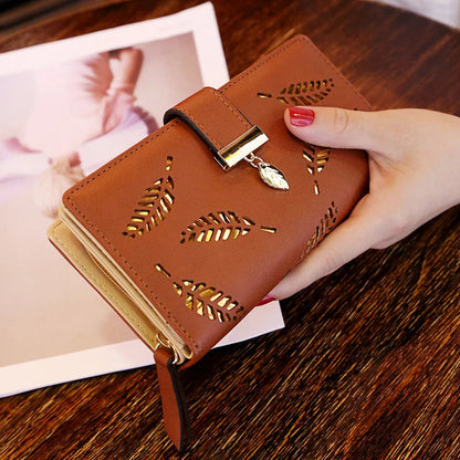 Women Wallet PU Leather Purse Female Long Wallet Gold Hollow Leaves Pouch Handbag For Women Coin Purse Card Holders Clutch Good Vibrations