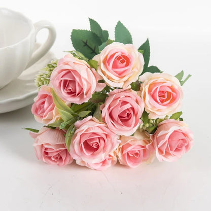 10 Heads Artificial Flowers Scrapbooking Silk Roses Christmas Wedding Party Bouquet Household Products Vases for Home Decoration Good Vibrations