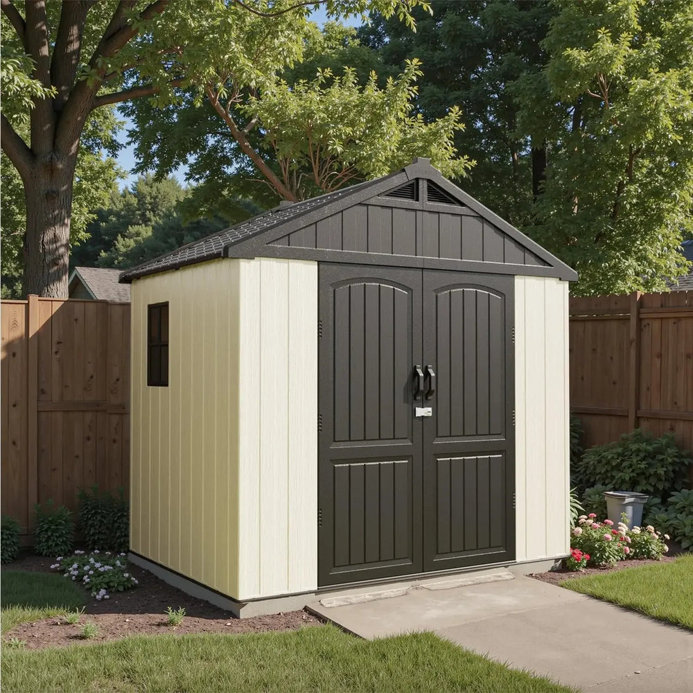 Customizable 8 X 10 FT Resin Outdoor Storage Shed With Floor, Plastic Shed With Window And Lockable Door For Garden, Backyard, T Good Vibrations