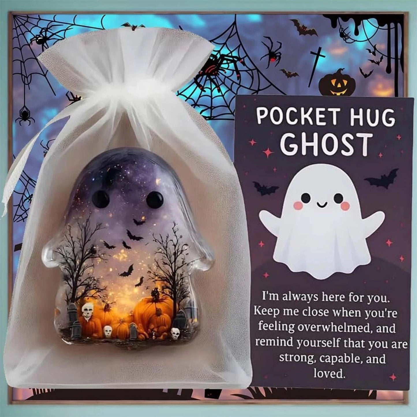 2Pcs Pockets Hug Ghost Halloween Acrylic Mini Ghosts Statue Inspirational Pocket Hug Ornaments With Positive Card For Party Gift Good Vibrations