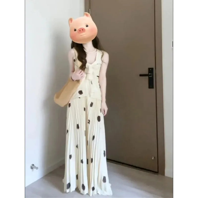 Women Two Piece Outfit V Neck Bow Sleeveless Top Printed Pleated Long Maxi Skirt Set Good Vibrations