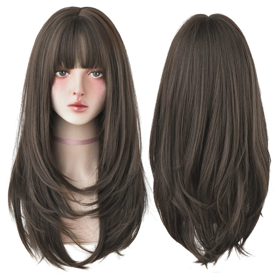 7JHHWIGS Long Wavy Synthetic Black Wigs For Women With Fringe Fashion Heat Resistant Mid-Length Daily Straight Light Brown Hair Good Vibrations