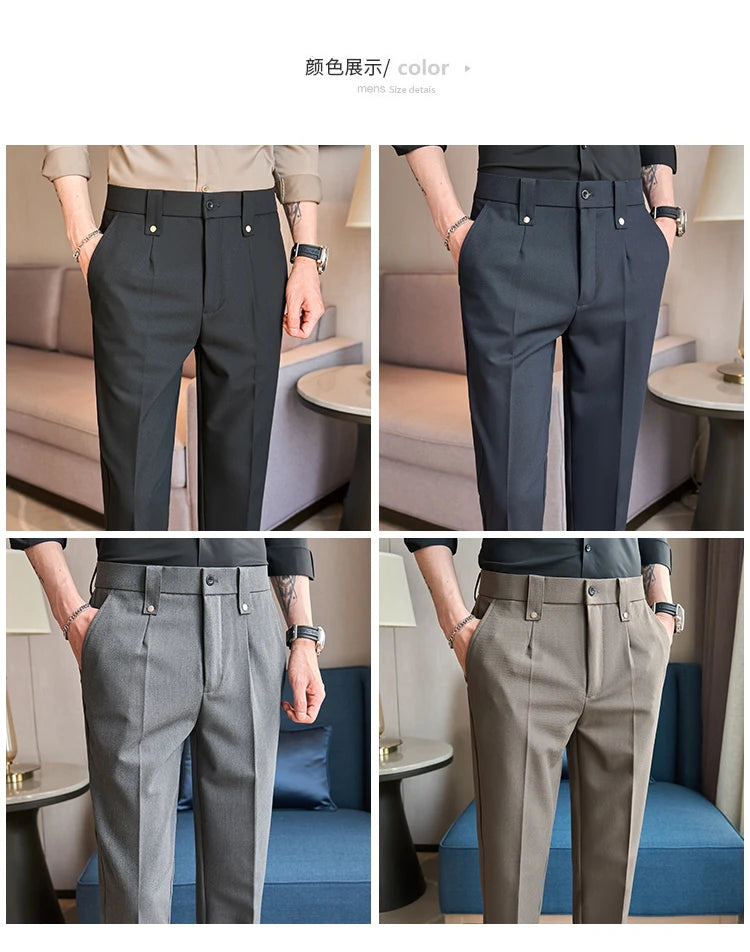 Mens Suit Pants 2025 Autumn New British Style Elastic Waist Solid Casual Formal Dress Pants Slim Fit Trousers for Men Clothing Good Vibrations