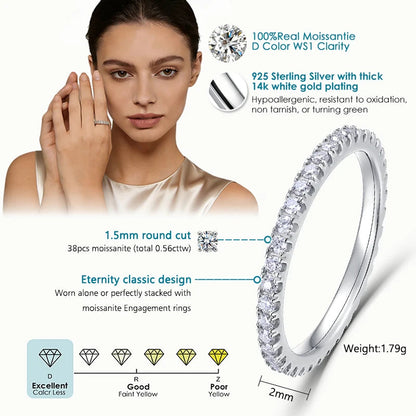 ALLNOEL 2mm Full Eternity Moissanite Wedding Band 925 Sterling Silver D Color VVS1 Stackable Ring For Women Fine Jewelry Good Vibrations