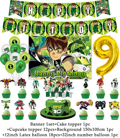 Cartoon Ben-10 Birthday Party Decoration Balloons Favor Set Banner Cake Toppers Baby Shower Boys Gift Party Supplies Photo Prop Good Vibrations
