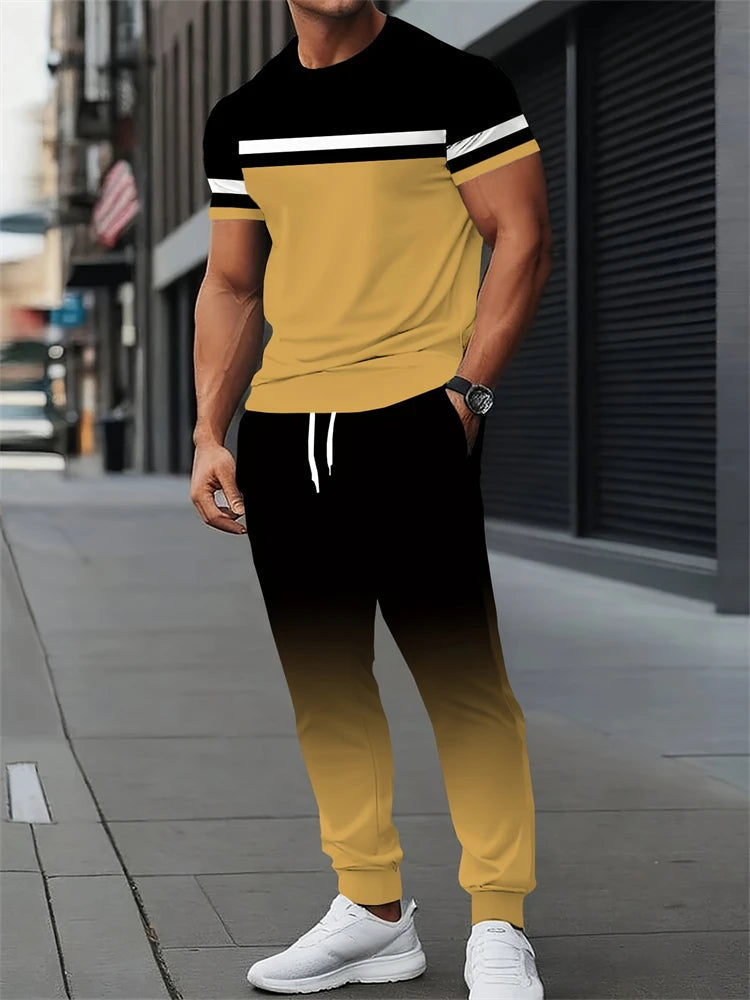 Men's Spring/Fall Two-Piece Set Crew Neck Short Sleeve Top With Relaxed Fit Casual Pants Outdoor Streetwear Minimalist Style Set Good Vibrations
