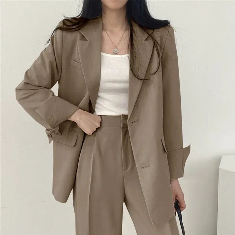 Classic Solid Color Women's Suit Set Fashion Loose Casual Design Spring Autumn Two-Piece Sets Office Long Sleeve Pocket Suits Good Vibrations