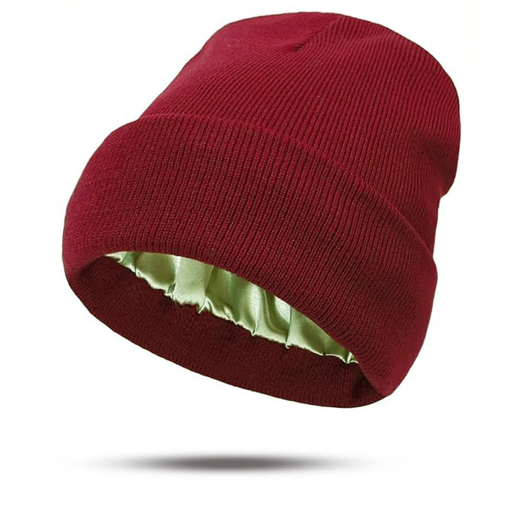 Women's Hats for Autumn&Winter-Comfortable Stylish Versatile Warm-Keeping Hairstyle-Protecting Knitted Satin Woolen Hats Good Vibrations