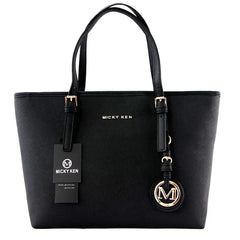 Black luxury designer tote handbag for women with high capacity and shoulder straps by Micky Ken