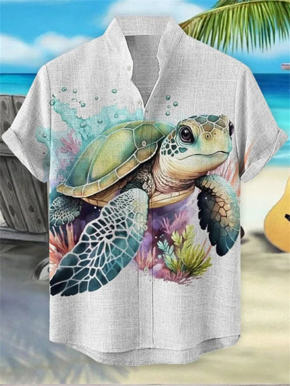 Hawaiian linen shirt men's 3D printed summer loose fit Hawaiian top casual short sleeved lapel shirt men's style Good Vibrations
