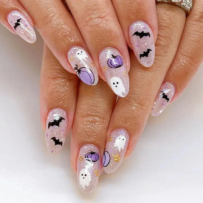 24Pcs Halloween False Nails with Almond Head Design Mid-length French Fake Nails Bat Wearable Oval Press on Nails Manicure Tools Good Vibrations