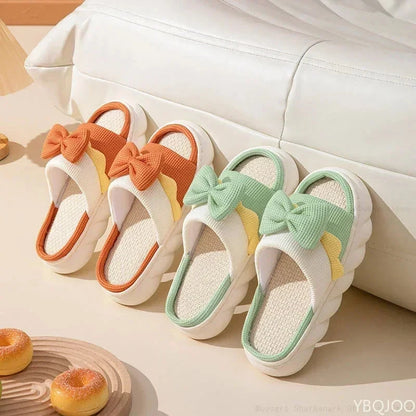 Linen Slippers Women Indoor Slippers Comzy Anti-Slip House Cotton Shoes  Cute Bowknot Flat Slipper Couples Slides Spring Summer Good Vibrations