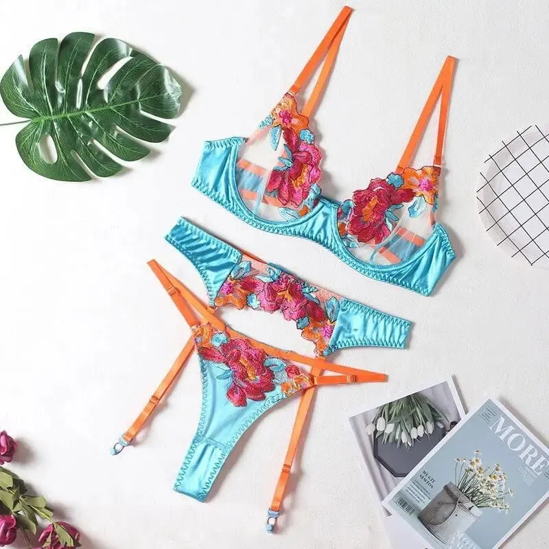 Women Floral Lace Garter Lingerie Set Sexy Lace Bodydoll Teddy Lingerie Fishnet Strappy Lace Bra & Panty Set Boudoir Outfits Good Vibrations