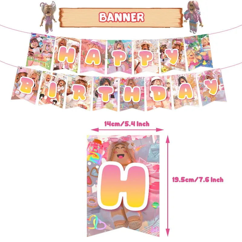 4Pcs Game Roblox Birthday Party Decorations Flag Banners Cake Toppers Balloons Spiral Pendants Invitation Cards Decorative Items Good Vibrations