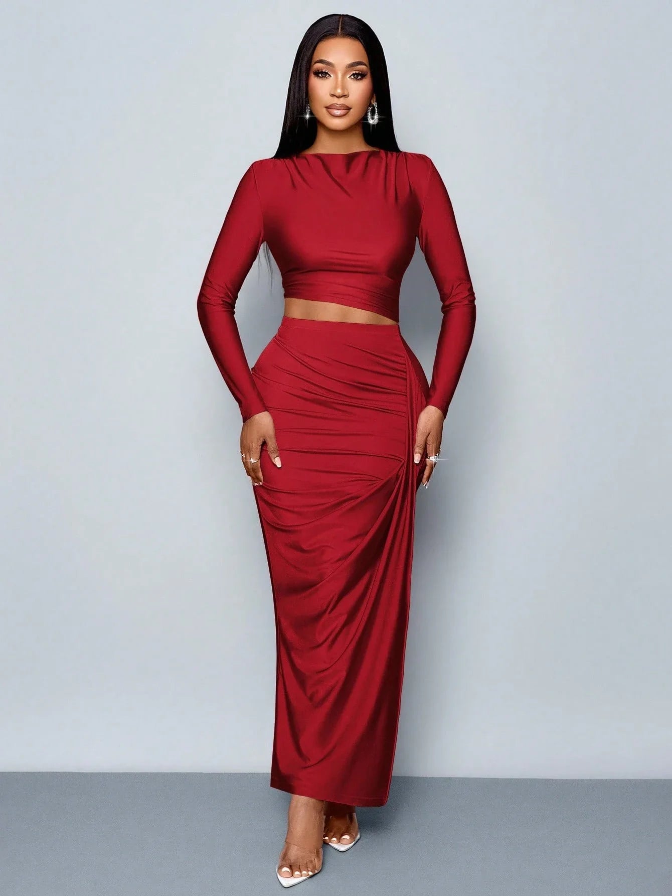 Women's Two-piece Set: Solid Color Elegant Leisure Simple Asymmetric Collar Long-sleeve T-shirt and Fitted Pleated Side Slit Lon Good Vibrations