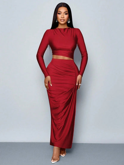 Women's Two-piece Set: Solid Color Elegant Leisure Simple Asymmetric Collar Long-sleeve T-shirt and Fitted Pleated Side Slit Lon Good Vibrations