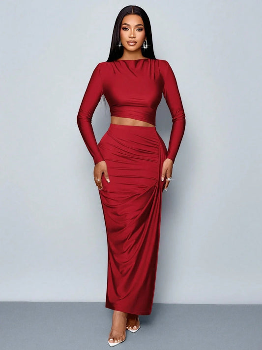 Women's Two-piece Set: Solid Color Elegant Leisure Simple Asymmetric Collar Long-sleeve T-shirt and Fitted Pleated Side Slit Lon Good Vibrations