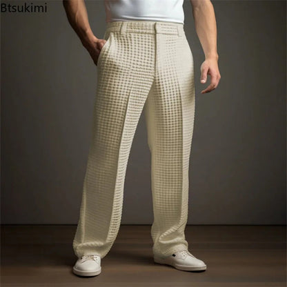 New 2025 Men's Elegant Waffle Suit Pants Solid Loose Straight Trousers Business Social Dress Pants Casual Vacation Pants for Men Good Vibrations