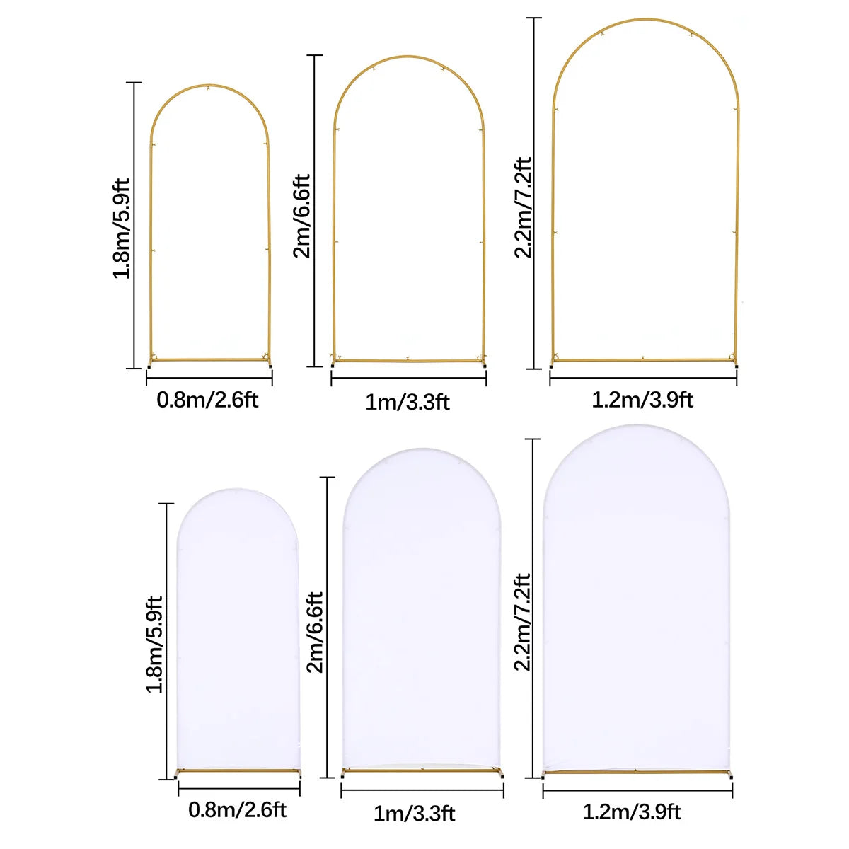 Wedding Arch Backdrop Stand and Cover Set (7.2FT, 6.6FT, 5.9FT) 3 Gold Metal Arch Stands 3 White Spandex Arch Covers for Party Good Vibrations