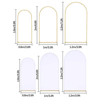 Wedding Arch Backdrop Stand and Cover Set (7.2FT, 6.6FT, 5.9FT) 3 Gold Metal Arch Stands 3 White Spandex Arch Covers for Party Good Vibrations