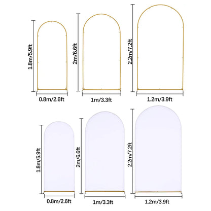 Wedding Arch Backdrop Stand and Cover Set (7.2FT, 6.6FT, 5.9FT) 3 Gold Metal Arch Stands 3 White Spandex Arch Covers for Party Good Vibrations