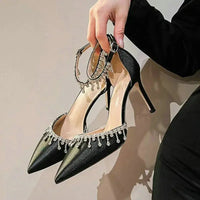 Comemore 2025 White Wedding Bridesmaid Shoes Satin Fashion Rhinestone Fringe Chain High Heels Black Temperament Elegance Pumps Good Vibrations