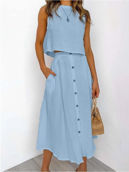 Summer Outfits For Women 2023 New Casual Cotton Linen Suit Loose Sleeveless Vest Single-breasted Skirt 2 Piece Set Women Outfit Good Vibrations