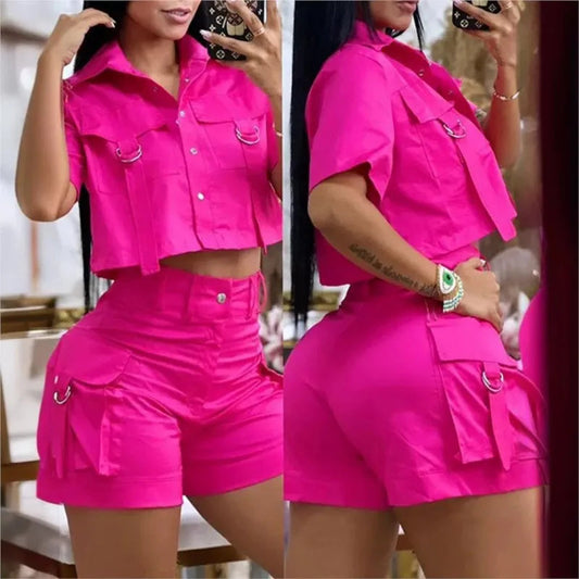 Two Piece Set Women Outfit 2024 Summer Short Sleeve Turn-Down Collar Buttoned Crop Top Casual Pocket Design Vacation Pants Set Good Vibrations