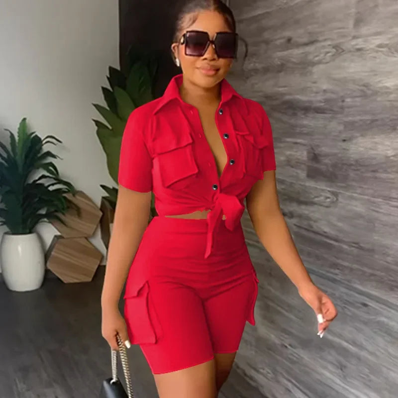 Streetwear Two Piece Set for Women Summer Outfits Pockets Short Sleeve Button-Up Shirt Top Short Sets Party Club Matching Sets Good Vibrations