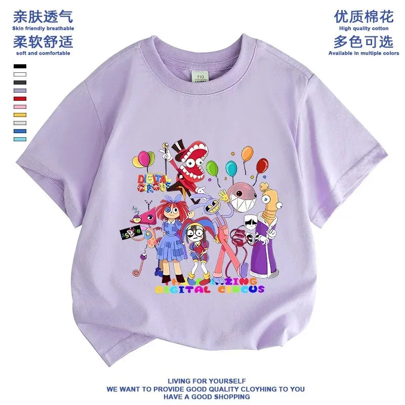 2026 Pure cotton boys and girls' short-sleeved T-shirt summer children's clothing cartoon magic digital circus children's top Good Vibrations