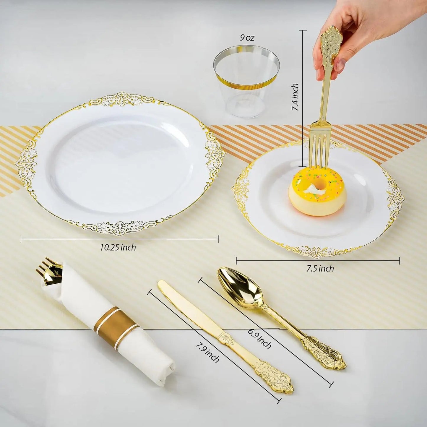 350PCS Gold Plastic Plates for 50 Guests, Disposable Dinnerware Sets Include 100 Gold Rim Plastic Plates, 50 Silverwares Good Vibrations