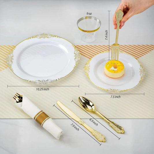 350PCS Gold Plastic Plates for 50 Guests, Disposable Dinnerware Sets Include 100 Gold Rim Plastic Plates, 50 Silverwares Good Vibrations