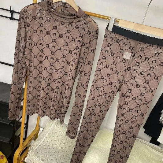 Women Two Piece Set Korean Retro Fashion Long Sleeve Moon Velvet Printed Base Shirt Pants Set Thin Perspective Spicy Girl Sexy Good Vibrations