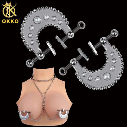 QKKQ female metal bondage nipple clamps with chain for women, stainless steel design, nipple stimulation accessory.