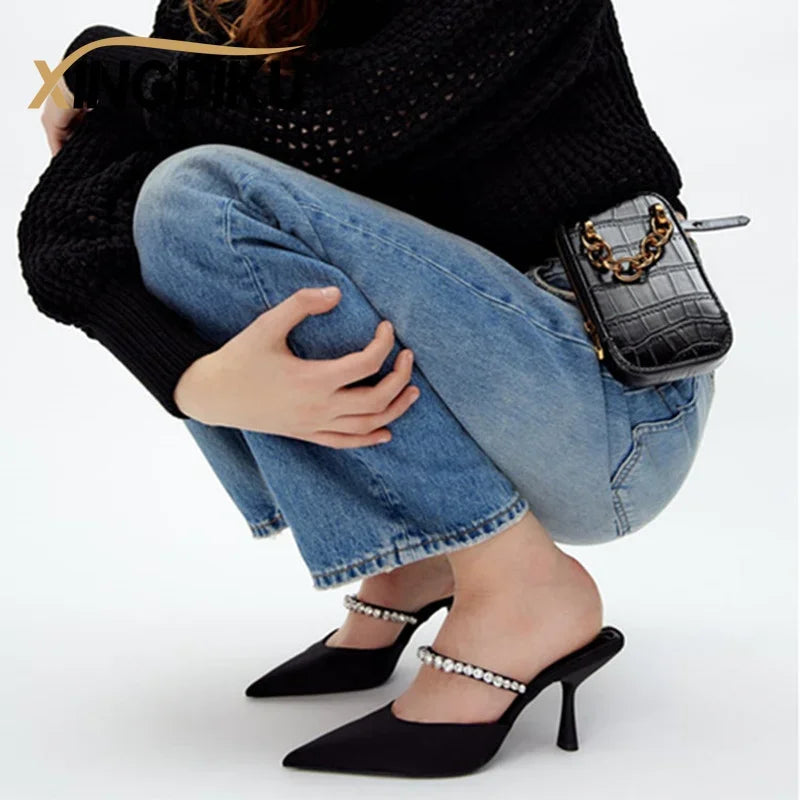 High Heel Sandals Summer 2022 New Pointed Toe Stiletto Black Sexy Ladies Sandals Rhinestone Sequins Big Size Slippers shoe woman Good Vibrations