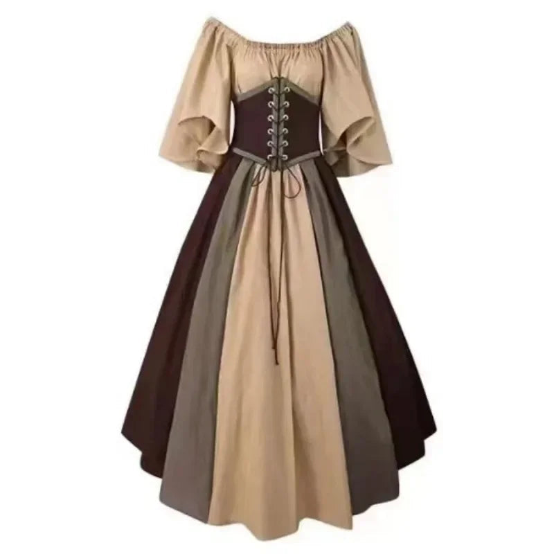 Halloween Costumes for Women Medieval Retro Contrasting Color Slim Swing Dress One-word Shoulder Dress Love Live Cosplay Good Vibrations