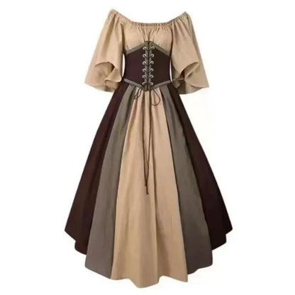 Halloween Costumes for Women Medieval Retro Contrasting Color Slim Swing Dress One-word Shoulder Dress Love Live Cosplay Good Vibrations