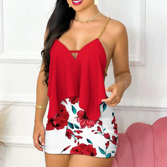 Womens Dresses Summer Fashion Floral Print Asymmetrical Chain Strap Sexy Backless V-Neck Sleeveless Bodycon Mini Dress Sets 2025 Good Vibrations
