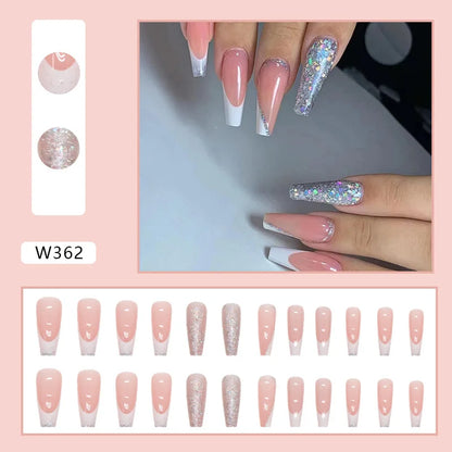 24Pcs Brown Long Coffin False Nails Glitter Ballet Wearable with French Design Fake nails Full Press on Nail Ins Nail Tips Art Good Vibrations