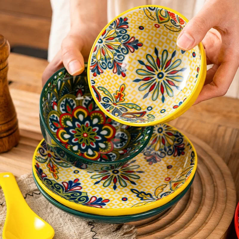 Ceramic Tableware Set Three-Piece Household Rice Bowl Plate Spoon Set Restaurant Hot Pot Barbecue Shop Commercial Good Vibrations