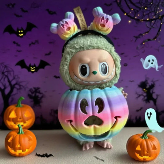 Labubu Halloween colorful pumpkin outfit set for collectible figure with gradient design and spooky background