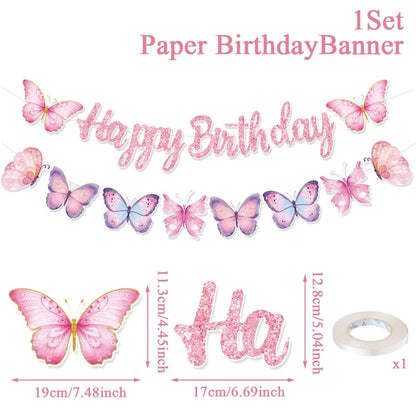 Pink Happy Birthday Banner With Butterfly Dancing Hanging Pendant Garlands  Girls Princess 1st Happy Birthday Party Decorations Good Vibrations