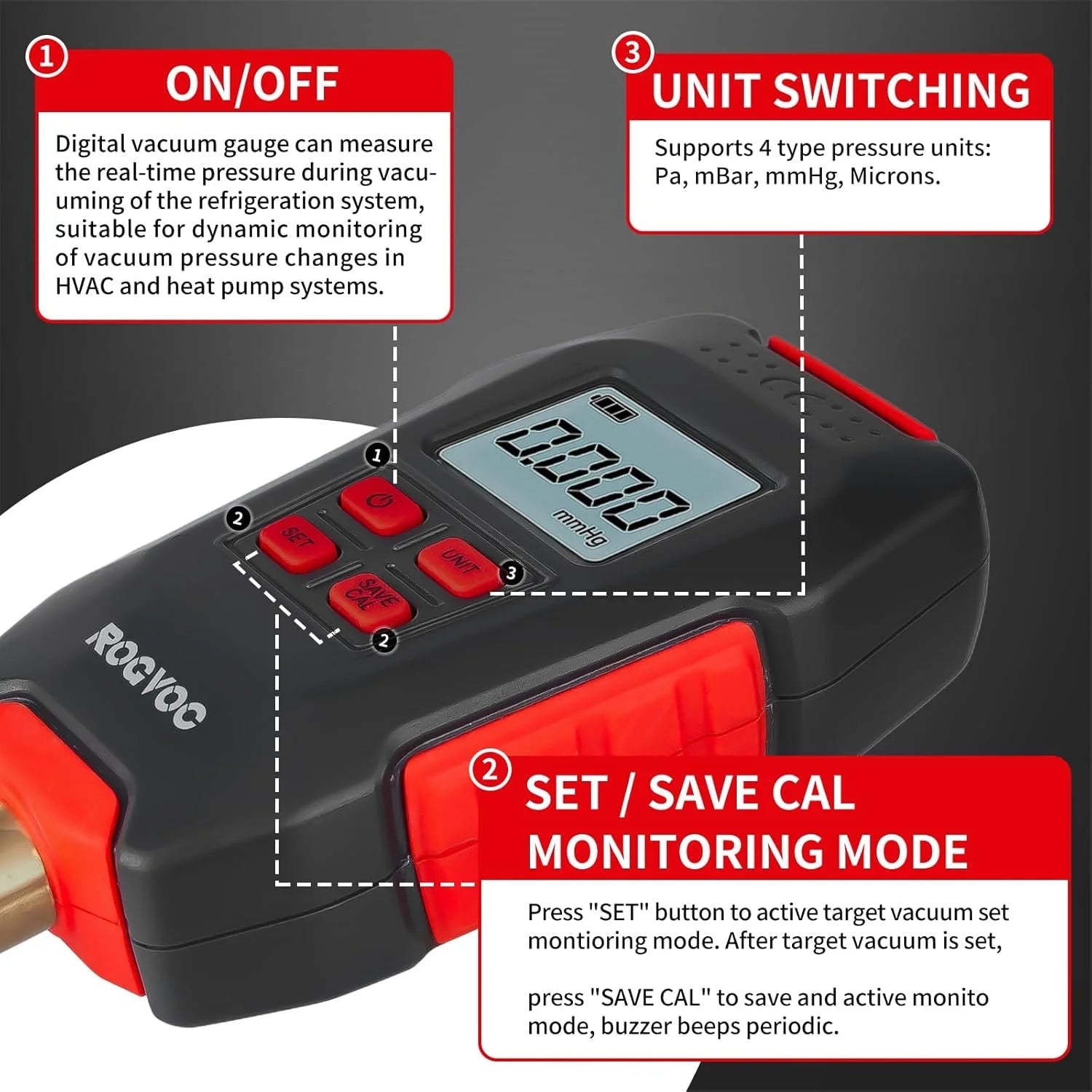 RV-VG90 Digital Vacuum Gauge, HVAC Micron Vacuum Gauge Tester, Digital Vacuum Micron Gauge Set with Buzzer Alarm Good Vibrations