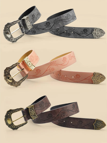 Western Style Printed Solid Color Pu Belt Buckle, Retro Casual Women's Belt, Classic Jeans Decorative Belt Good Vibrations