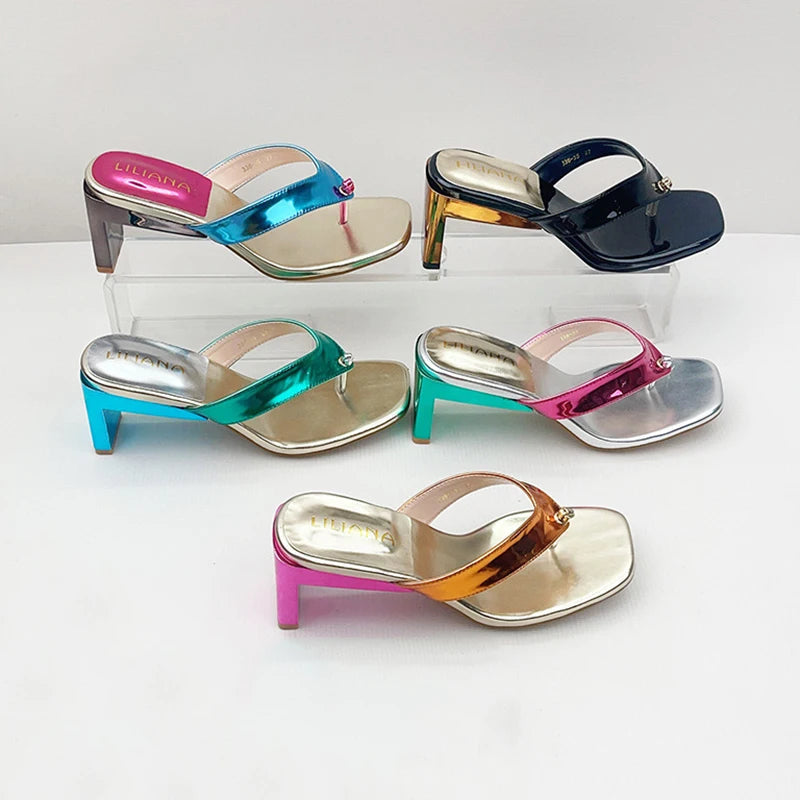 New Summer Style European and American Style Thong Sandals - Fashionable Women's Square Toe Plus Size Chunky High Heel Slippers Good Vibrations