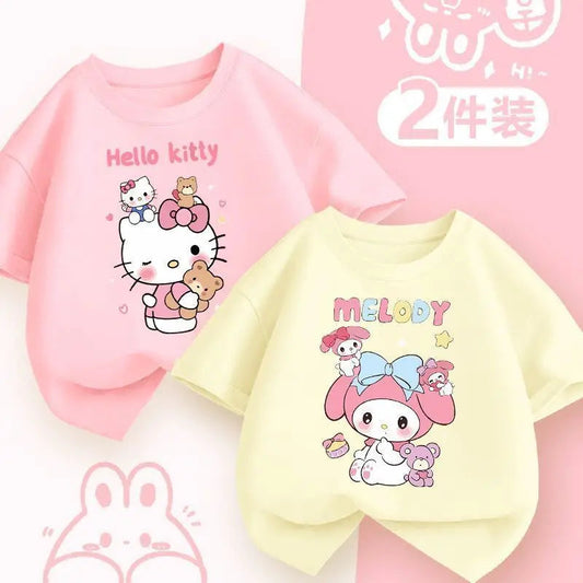2pcs/pack Sanrio Summer Baby Girls Clothes Children Hello Kitty Short Sleeve T-shirts Kid Cotton Cartoon Breathable Soft Top Good Vibrations