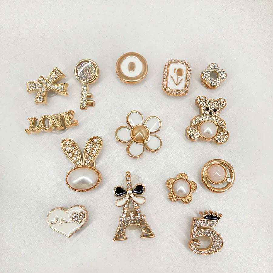 14pcs Sparkling Rhinestone Faux Pearl Shoe Charms Pins Set DIY Detachable Decorative Accessories Suitable For CROCS Clogs Good Vibrations