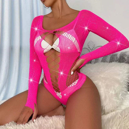 Sexy women's rhinestone fishnet bodysuit, long sleeve, hollow design.